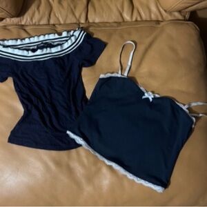 Navy and White Off-Shoulder Top and Camisole Set